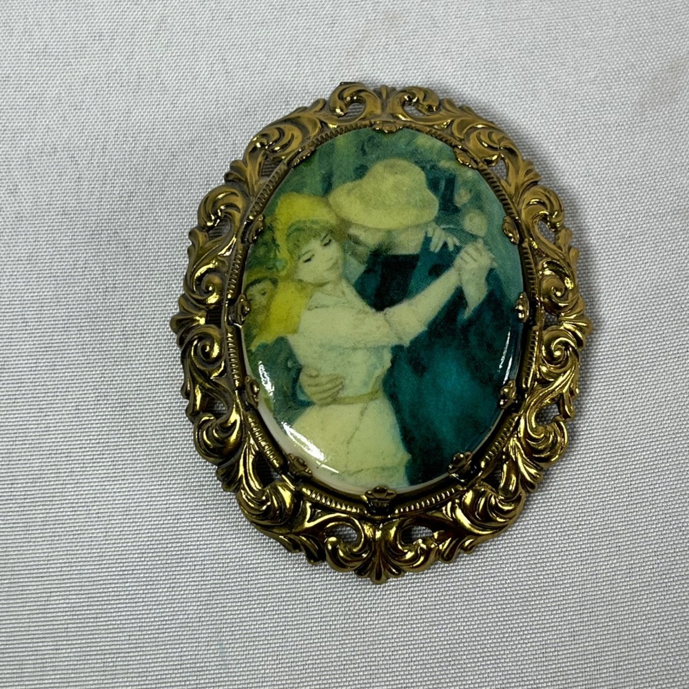 Vintage Western Germany Dancing Couple Brooch Gold Tone Filigree Renoir Style